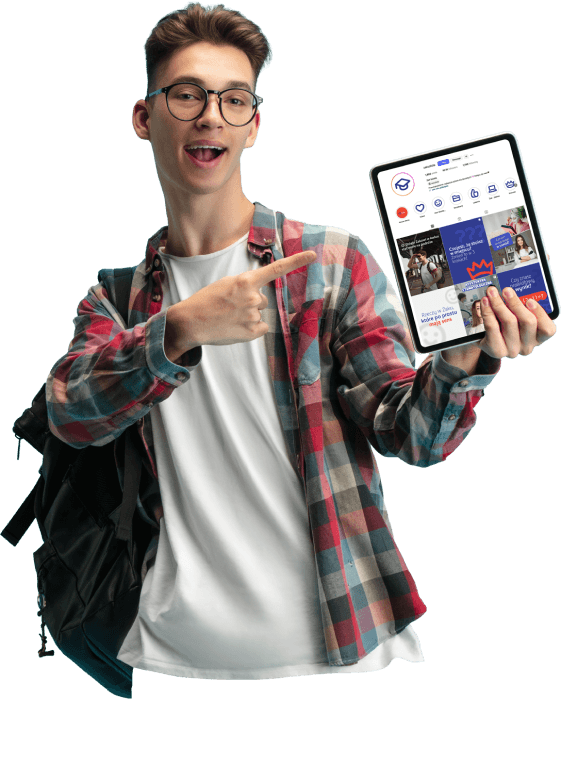 Student with tablet showing social media