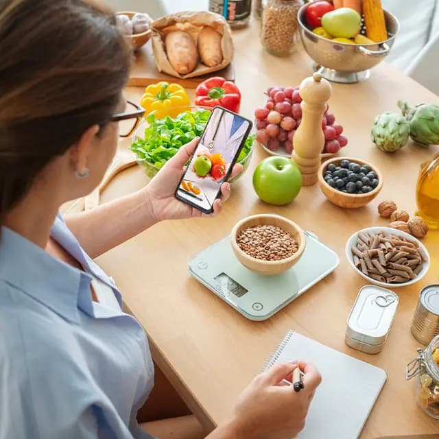 Kobieta waży produkty i sprawdza makroskładniki 