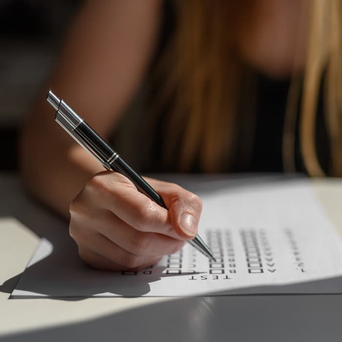 Kobieta wypełnia arkusz egzaminacyjny